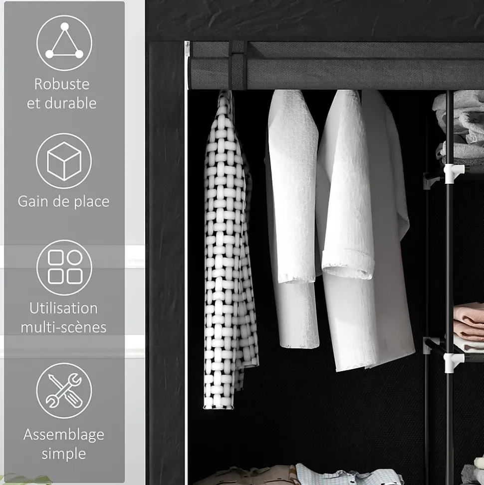 Armoire penderie multi-rangement - 6 étagères, 1 barre - dim. 103L x 43l x 162,5H cm - acier noir non tissé noir