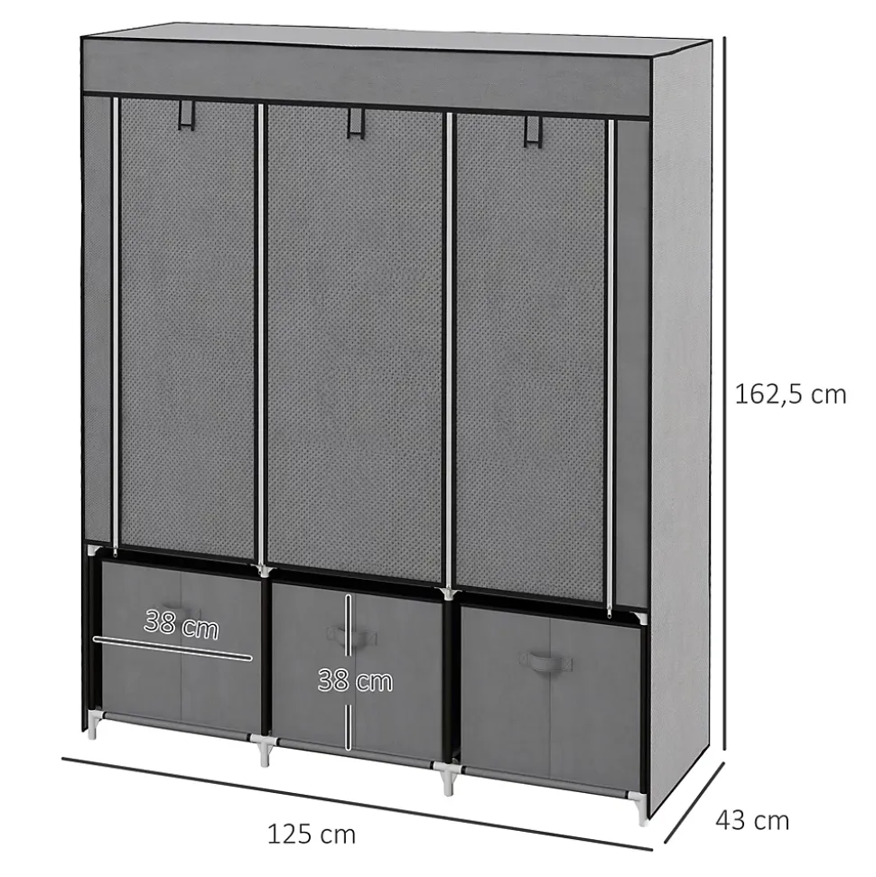 Armoire penderie pliable 5 étagères 2 tringles 3 tiroirs tissu gris