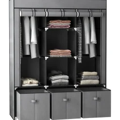 Armoire penderie pliable 5 étagères 2 tringles 3 tiroirs tissu gris