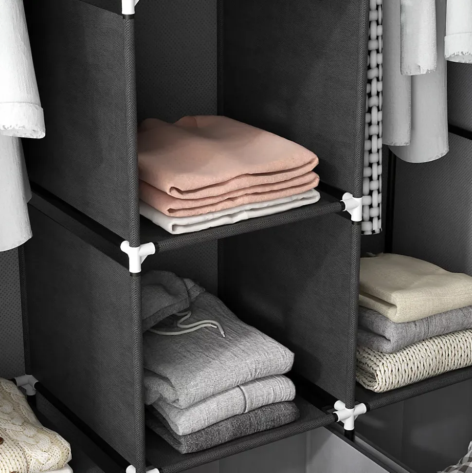 Armoire penderie pliable 5 étagères 2 tringles 3 tiroirs tissu gris