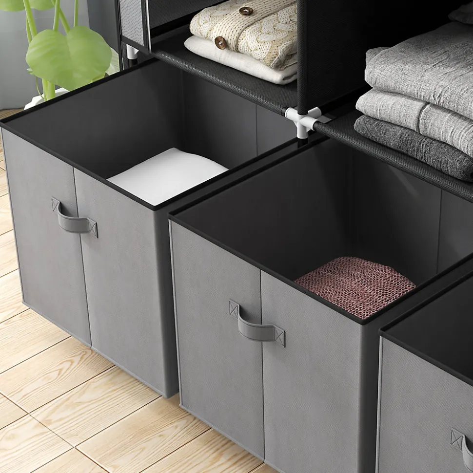 Armoire penderie pliable 5 étagères 2 tringles 3 tiroirs tissu gris
