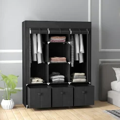 Armoire penderie pliable 5 étagères 2 tringles 3 tiroirs tissu noir