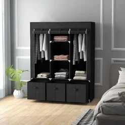 Armoire penderie pliable 5 étagères 2 tringles 3 tiroirs tissu noir
