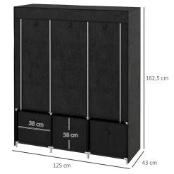 Armoire penderie pliable 5 étagères 2 tringles 3 tiroirs tissu noir