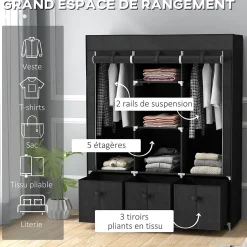 Armoire penderie pliable 5 étagères 2 tringles 3 tiroirs tissu noir