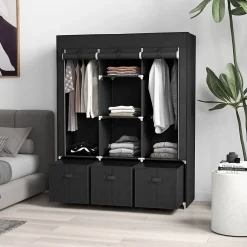 Armoire penderie pliable 5 étagères 2 tringles 3 tiroirs tissu noir