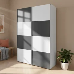 Armoire penderie portes coulissantes blanches brillantes et anthracite brillant GoodHome Atomia H. 225 x L. 150 x P. 63,5 cm