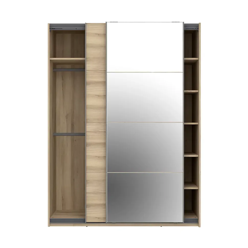 Armoire penderie portes coulissantes effet chêne et miroir l. 150 x H. 200 x Ep. 57 cm
