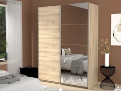 Armoire penderie portes coulissantes effet chêne et miroir l. 150 x H. 200 x Ep. 57 cm