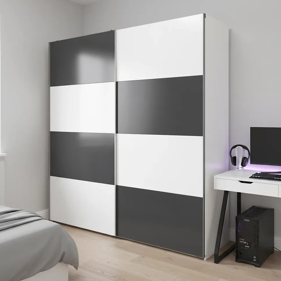 Armoire penderie portes coulissantes blanches brillantes et anthracite brillant GoodHome Atomia H. 225 x L. 200 x P. 63,5 cm