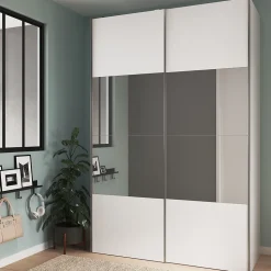 Armoire penderie portes coulissantes blanches brillantes et miroir GoodHome Atomia H. 225 x L. 150 x P. 63,5 cm