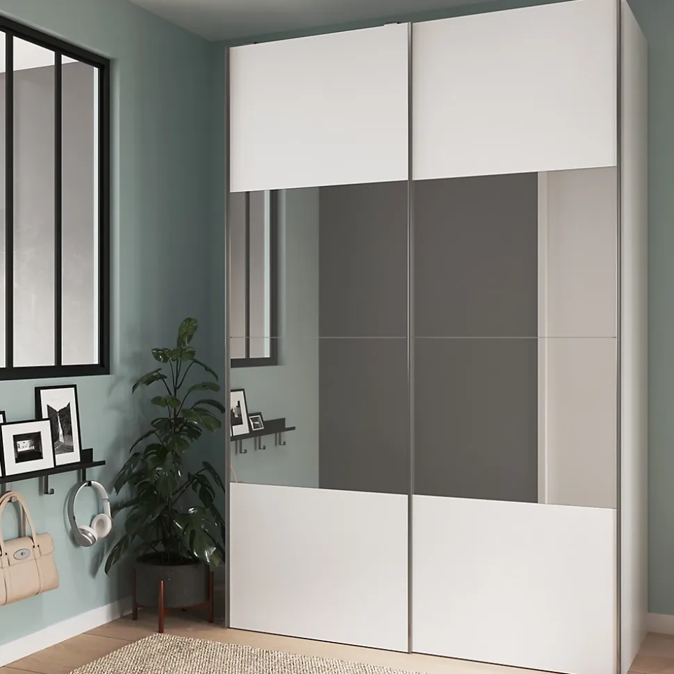 Armoire penderie portes coulissantes blanches brillantes et miroir GoodHome Atomia H. 225 x L. 150 x P. 63,5 cm