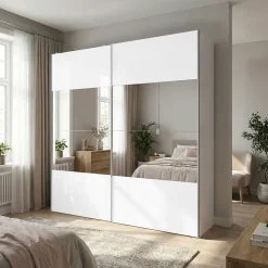Armoire penderie portes coulissantes blanches brillantes et miroir GoodHome Atomia H. 225 x L. 200 x P. 63,5 cm