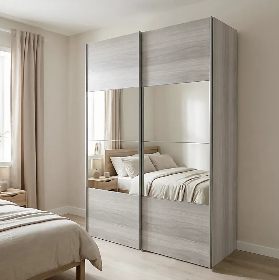 Armoire penderie portes coulissantes effet chêne grisé et miroir GoodHome Atomia H. 225 x L. 150 x P. 63,5 cm