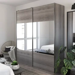 Armoire penderie portes coulissantes effet chêne grisé et miroir GoodHome Atomia H. 225 x L. 150 x P. 63,5 cm