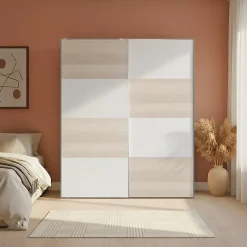 Armoire penderie portes coulissantes blanches mates et effet chêne GoodHome Atomia H. 225 x L. 200 x P. 63,5 cm