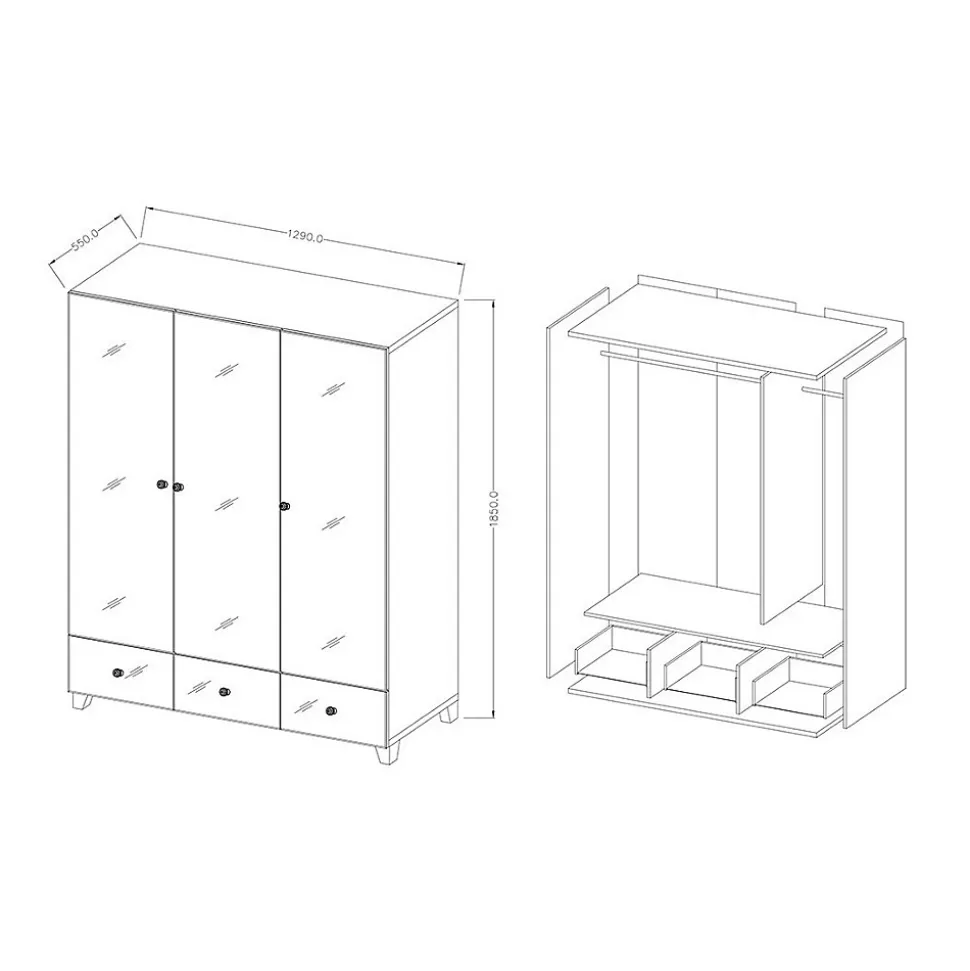 Armoire penderie recouverte de miroirs collection LIVORA. 3 portes et 3 tiroirs