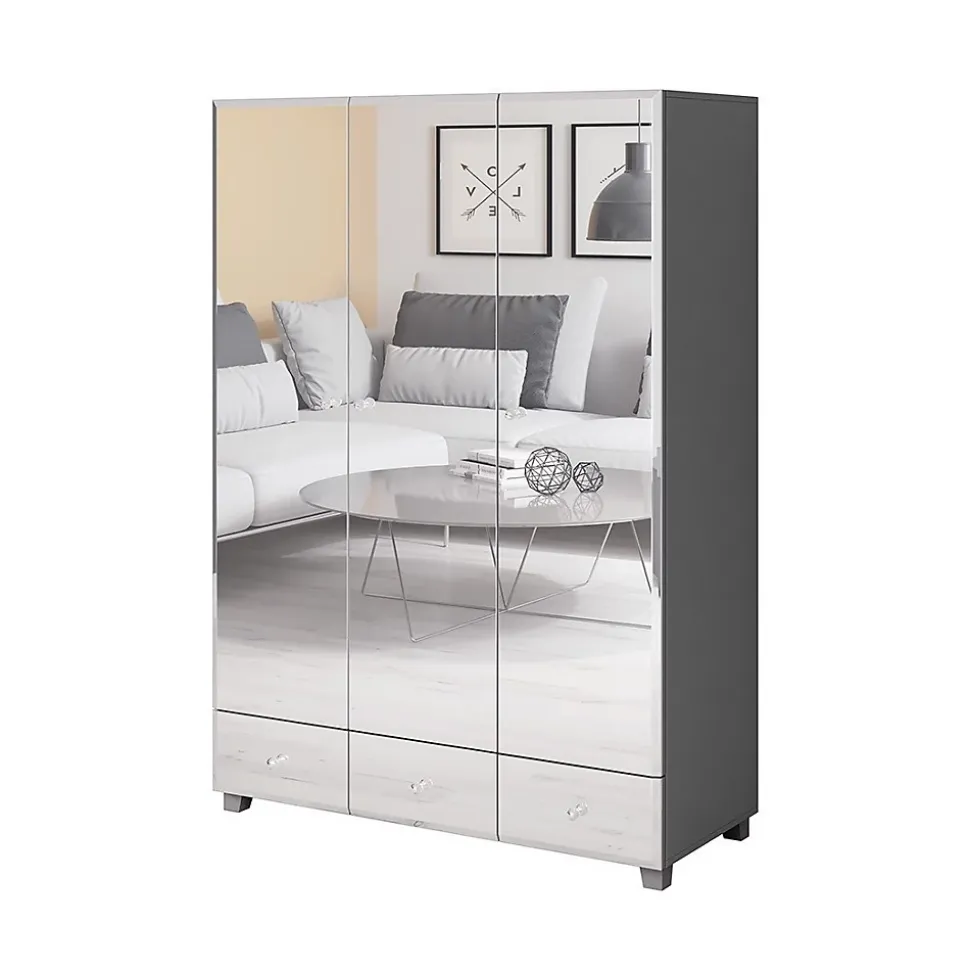 Armoire penderie recouverte de miroirs collection LIVORA. 3 portes et 3 tiroirs