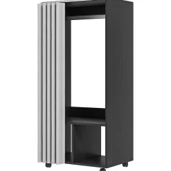 Armoire penderie sur roulettes - tringle penderie, 2 compartiments - effet bois noir rideau gris