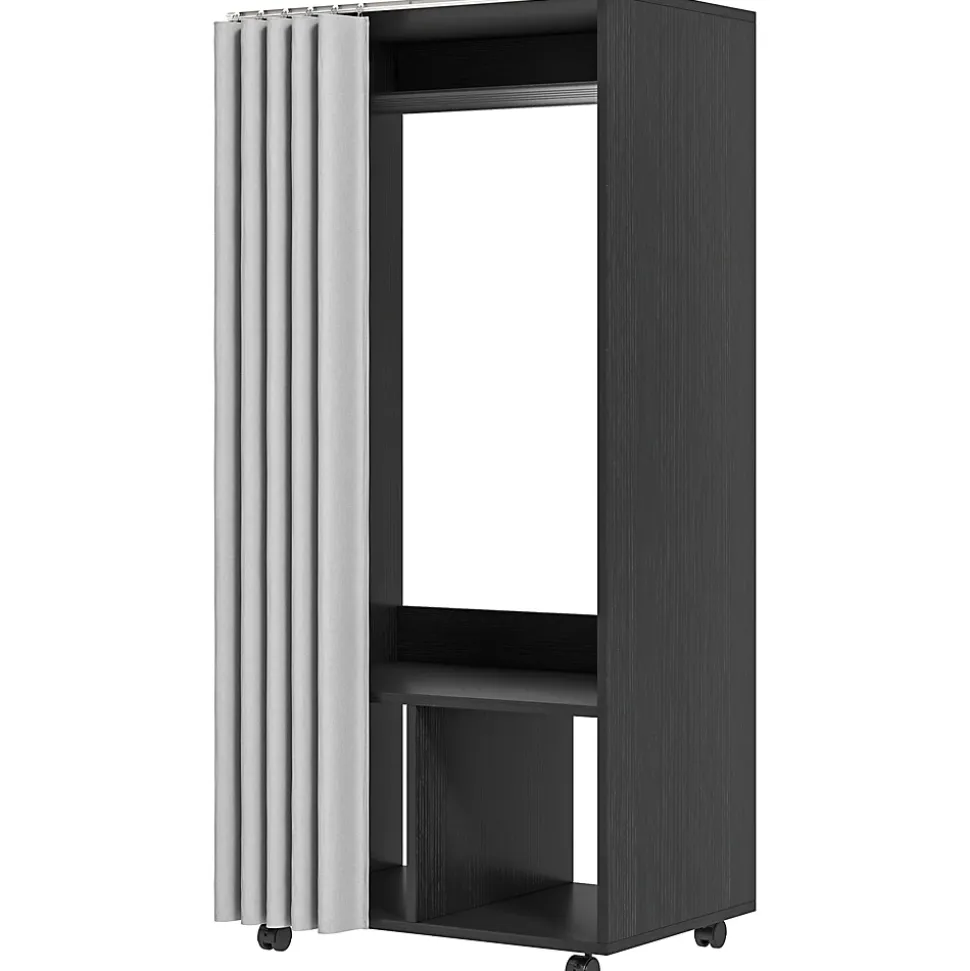 Armoire penderie sur roulettes - tringle penderie, 2 compartiments - effet bois noir rideau gris