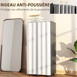 Armoire penderie sur roulettes - tringle penderie, 2 compartiments - effet bois noir rideau gris