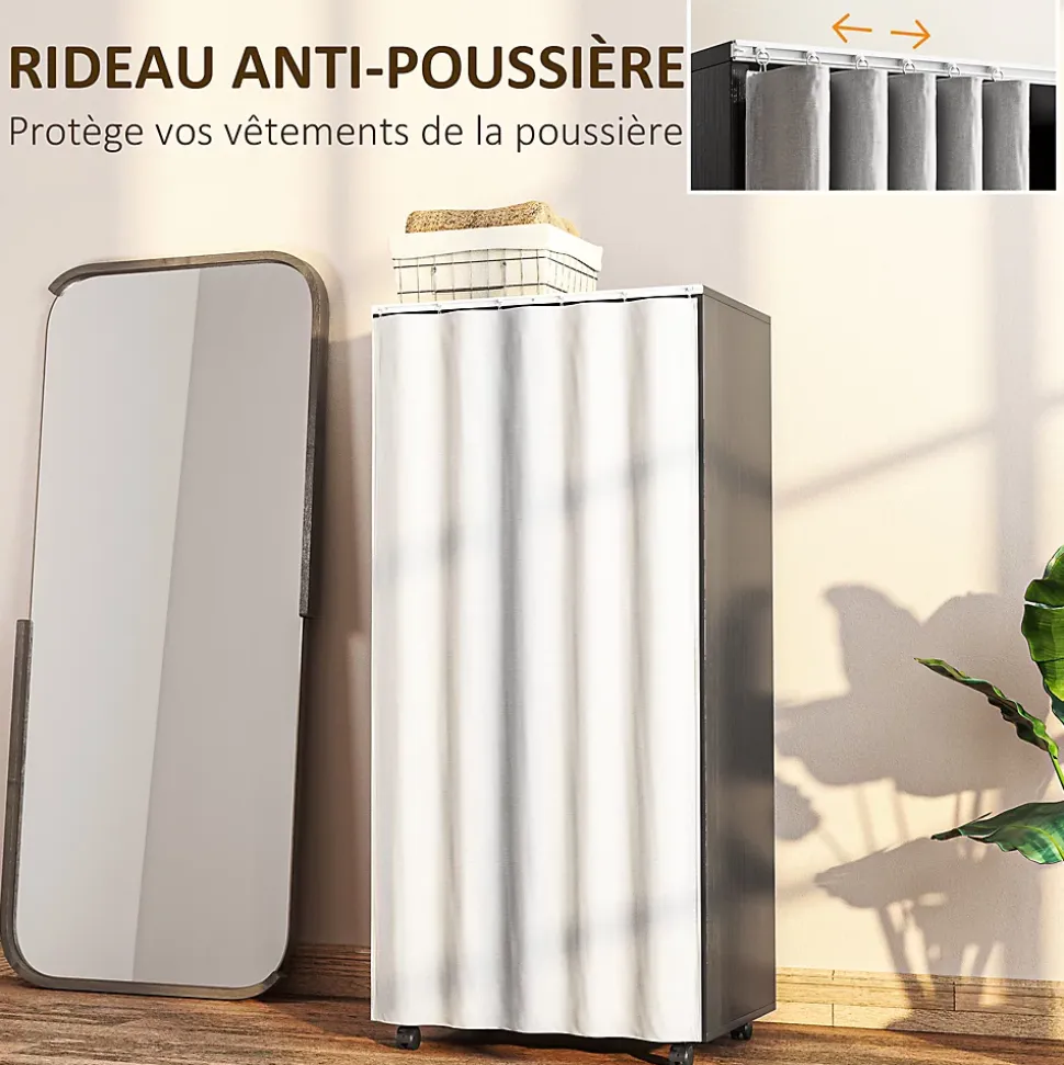 Armoire penderie sur roulettes - tringle penderie, 2 compartiments - effet bois noir rideau gris