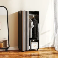 Armoire penderie sur roulettes - tringle penderie, 2 compartiments - effet bois noir rideau gris