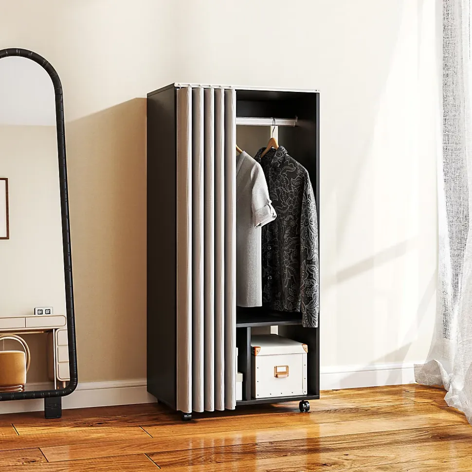 Armoire penderie sur roulettes - tringle penderie, 2 compartiments - effet bois noir rideau gris