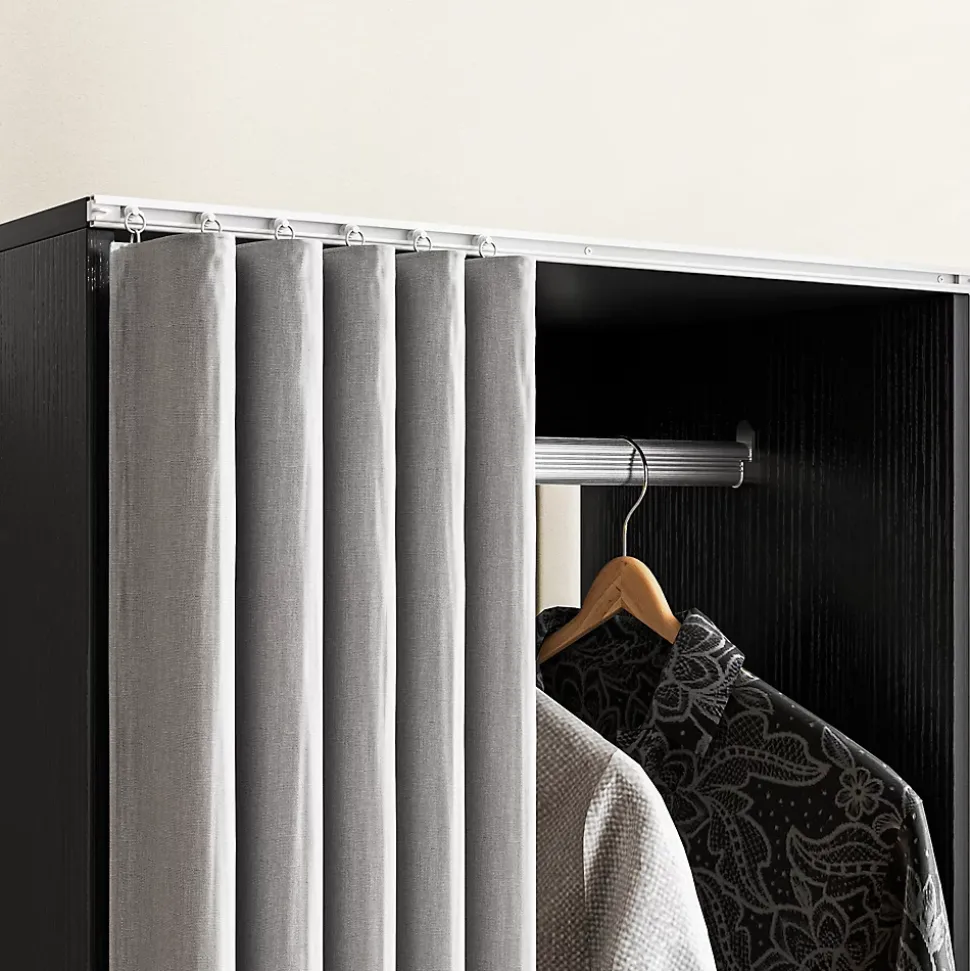 Armoire penderie sur roulettes - tringle penderie, 2 compartiments - effet bois noir rideau gris