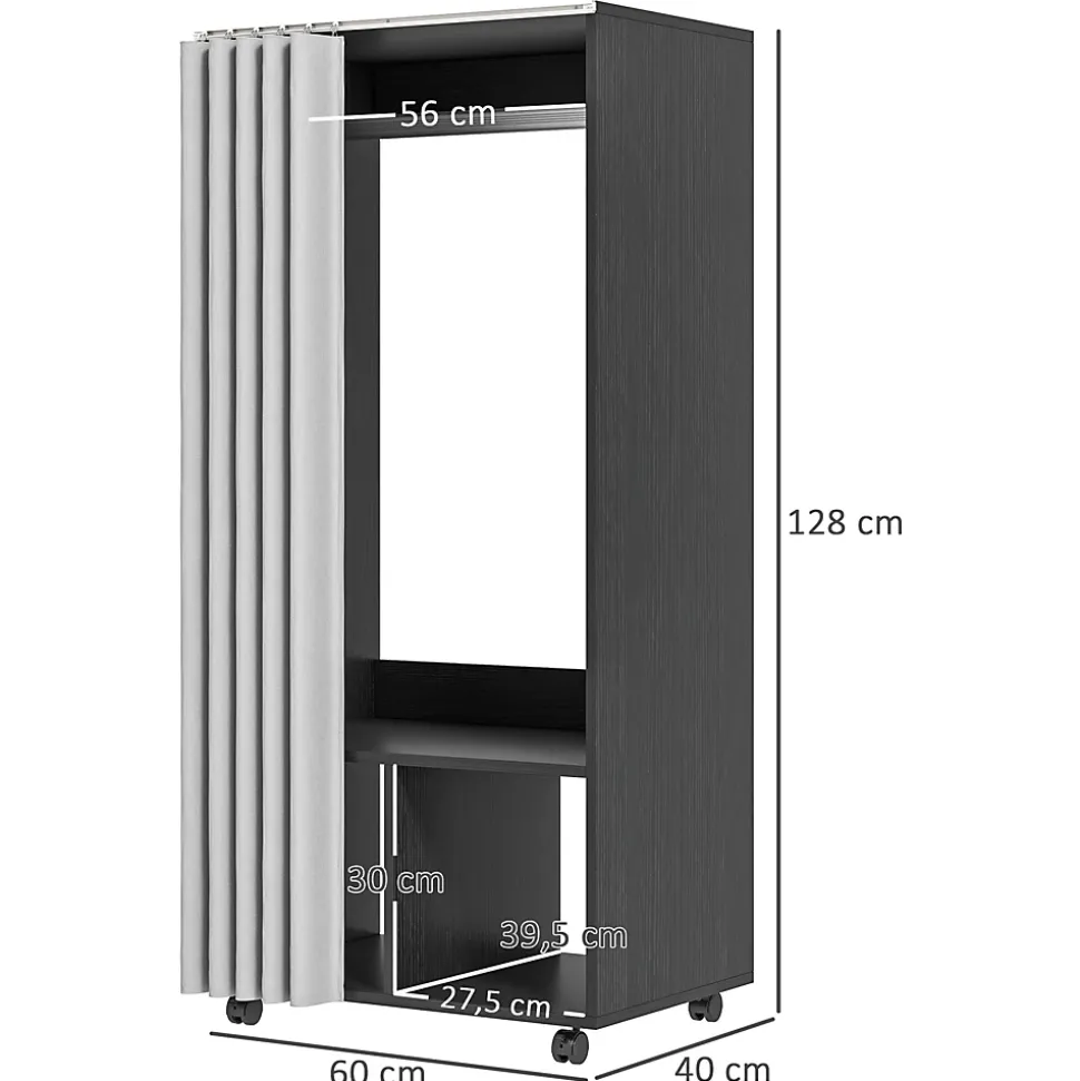 Armoire penderie sur roulettes - tringle penderie, 2 compartiments - effet bois noir rideau gris