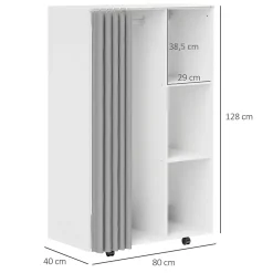 Armoire penderie sur roulettes - tringle, étagère, penderie, 3 compartiments - effet bois blanc rideau gris