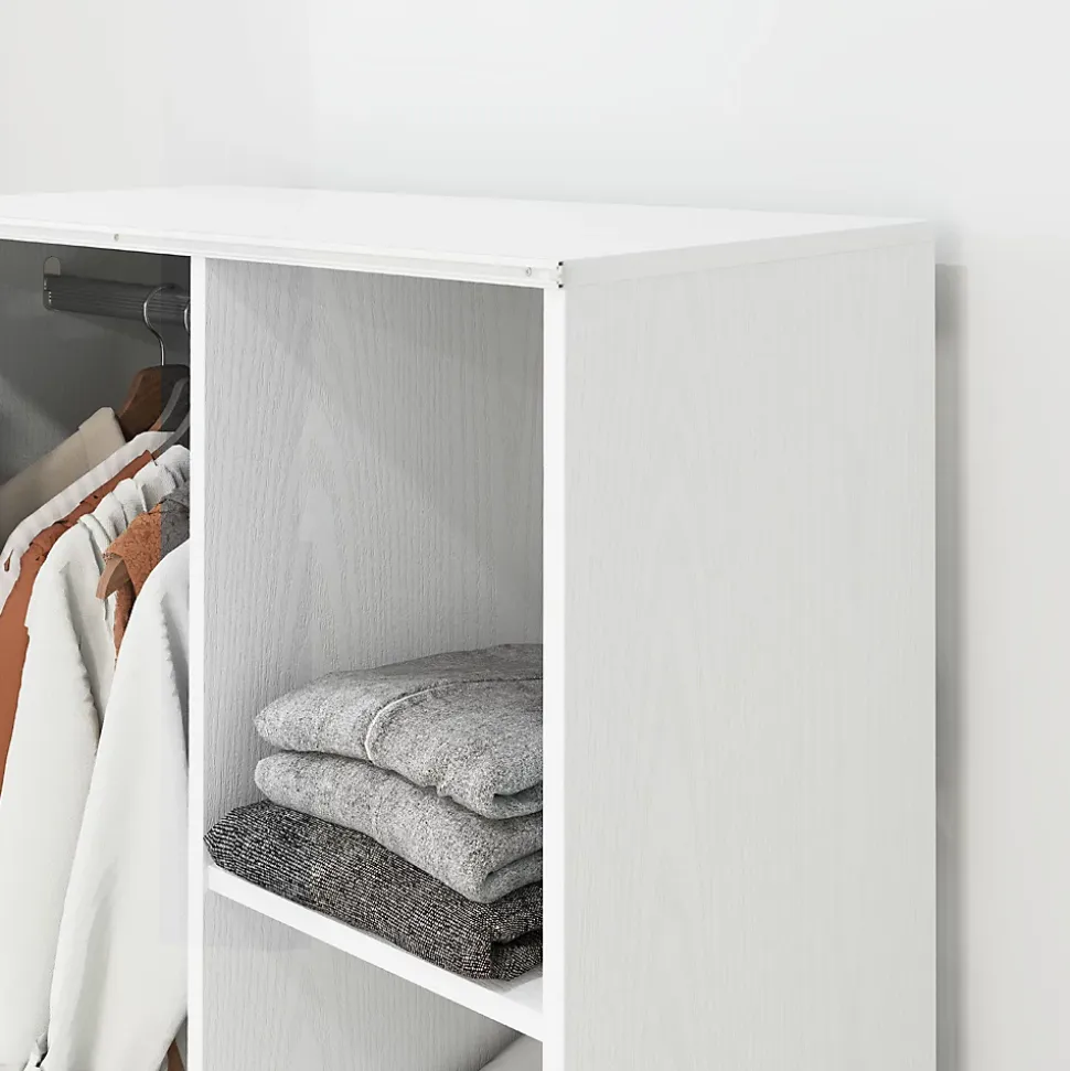 Armoire penderie sur roulettes - tringle, étagère, penderie, 3 compartiments - effet bois blanc rideau gris
