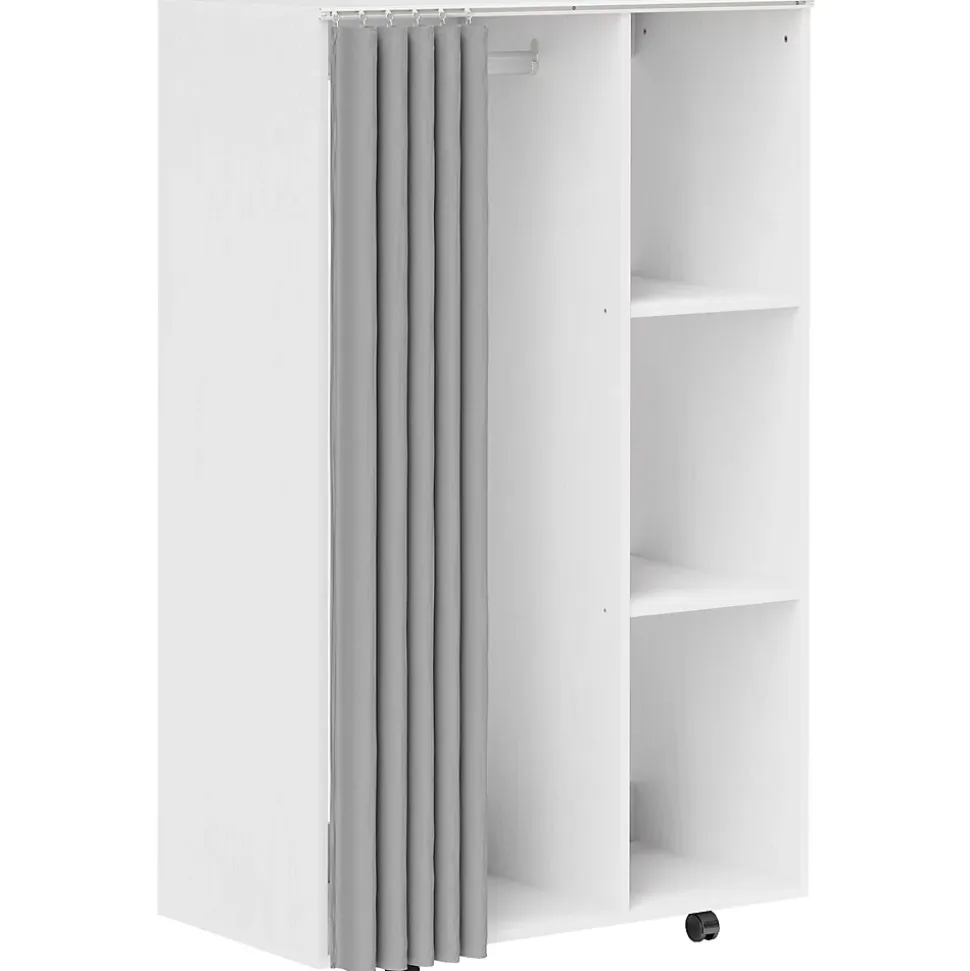 Armoire penderie sur roulettes - tringle, étagère, penderie, 3 compartiments - effet bois blanc rideau gris