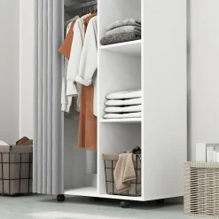 Armoire penderie sur roulettes - tringle, étagère, penderie, 3 compartiments - effet bois blanc rideau gris