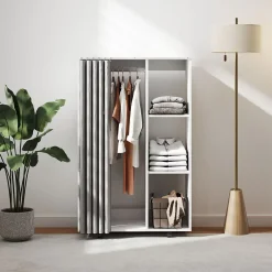 Armoire penderie sur roulettes - tringle, étagère, penderie, 3 compartiments - effet bois blanc rideau gris