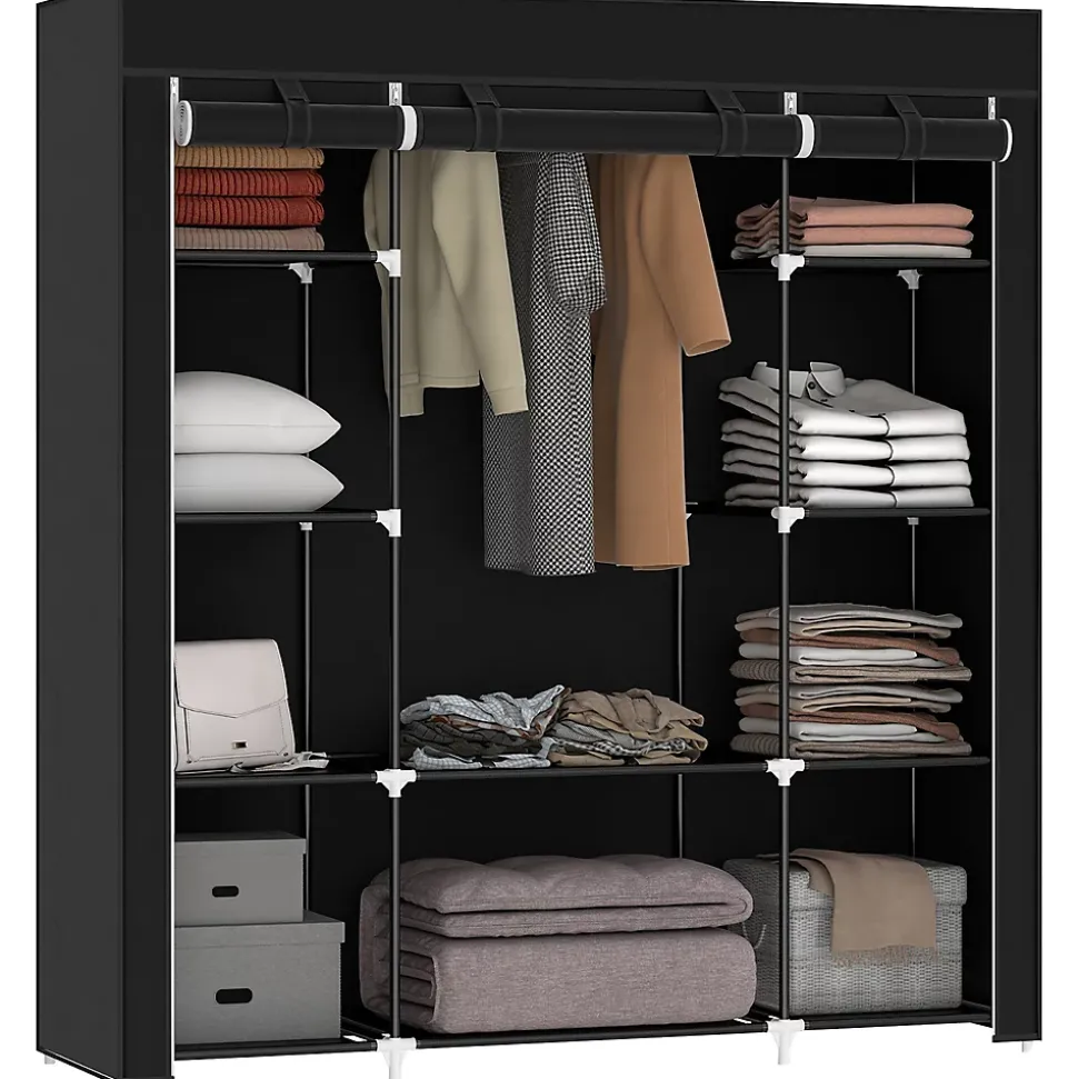 Armoire penderie toile - armoire tissu - 10 étagères, tringle - dim. 150 x 43 x 162,5 cm - noir
