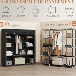Armoire penderie toile - armoire tissu - 10 étagères, tringle - dim. 150 x 43 x 162,5 cm - noir