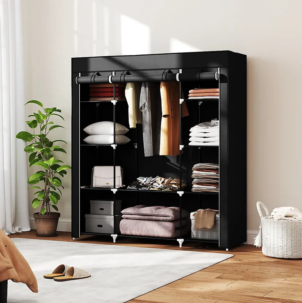 Armoire penderie toile - armoire tissu - 10 étagères, tringle - dim. 150 x 43 x 162,5 cm - noir