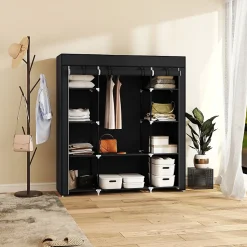 Armoire penderie toile - armoire tissu - 10 étagères, tringle - dim. 150 x 43 x 162,5 cm - noir