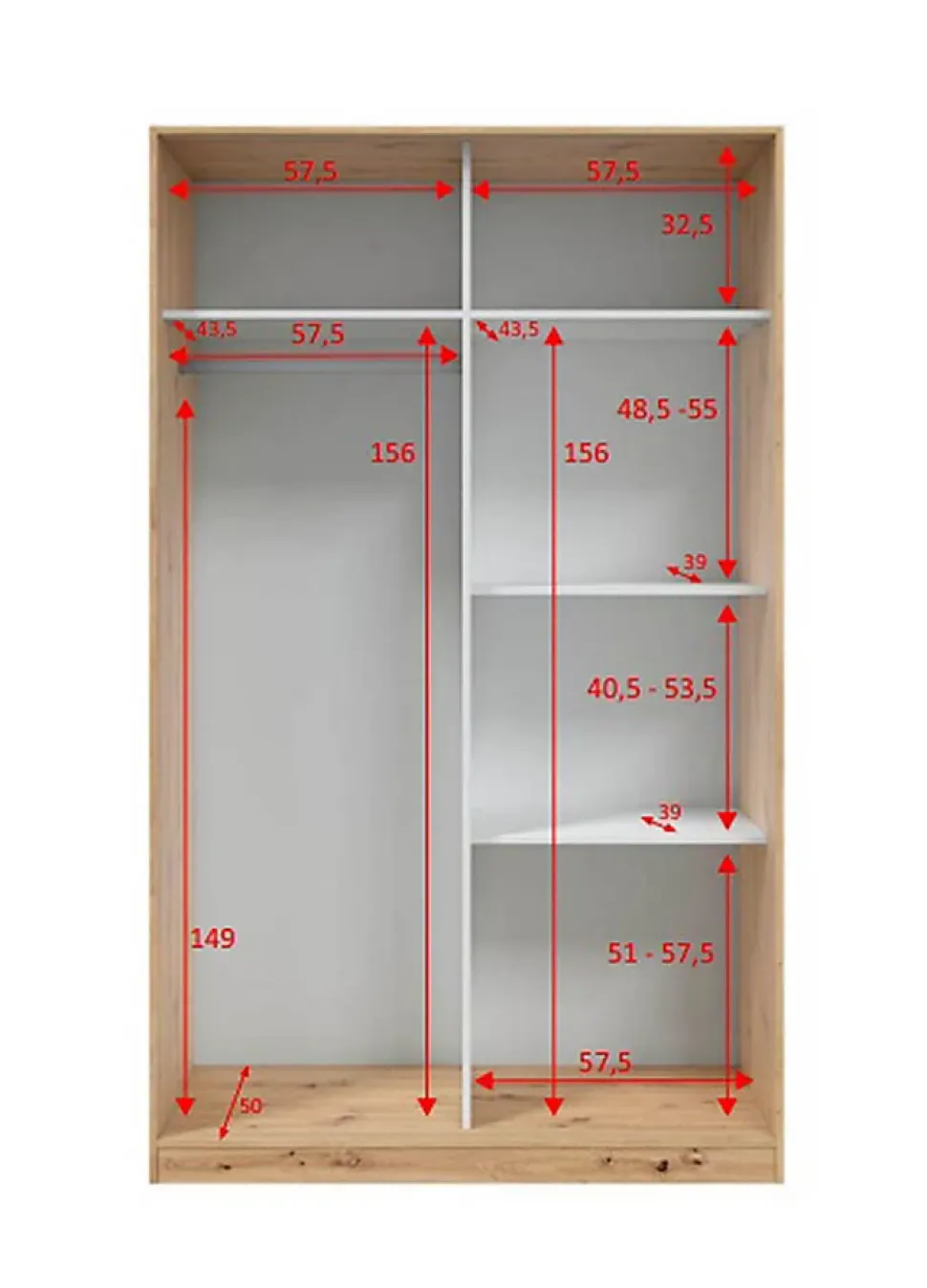Armoire, placard avec 2 portes coulissantes coloris chêne nordique, blanc artic - longueur 120 x hauteur 200 x profondeur 50 cm
