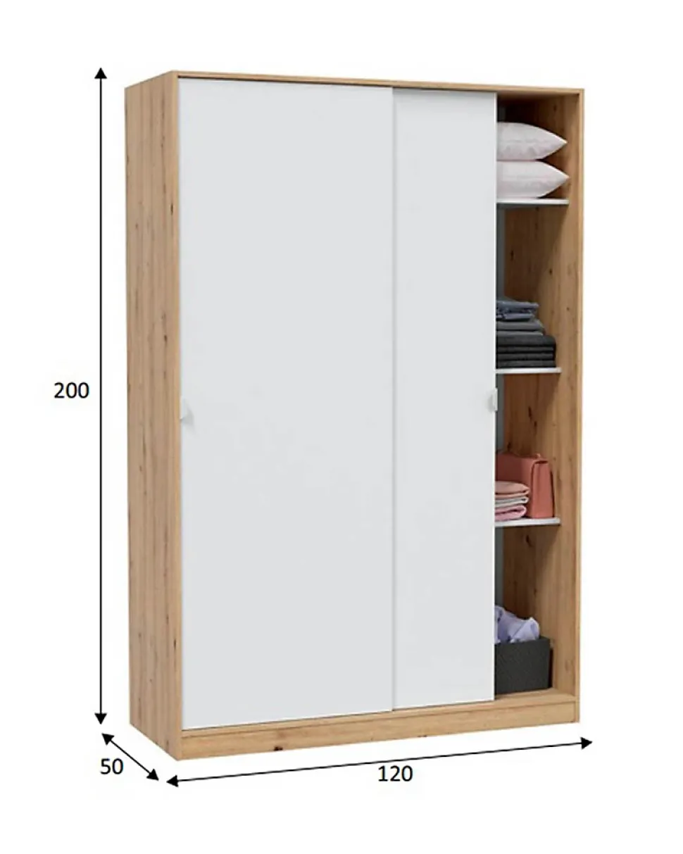 Armoire, placard avec 2 portes coulissantes coloris chêne nordique, blanc artic - longueur 120 x hauteur 200 x profondeur 50 cm