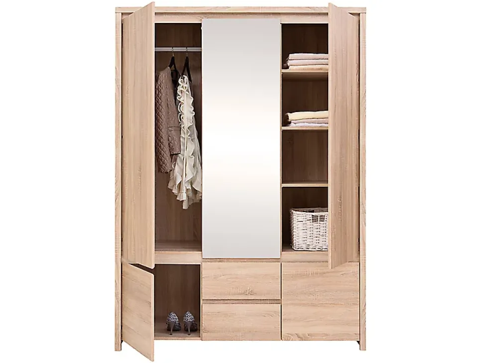Armoire Placard de 5 portes avec miroir et 2 tiroirs, coloris chêne Sonoma - Longueur 153,5 x Hauteur 211 x Profondeur 55,5 cm