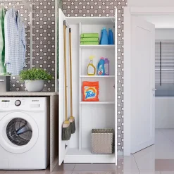 Armoire, placard de rangement avec 2 portes coloris blanc - longueur 61 x profondeur 32 x hauteur 170 cm