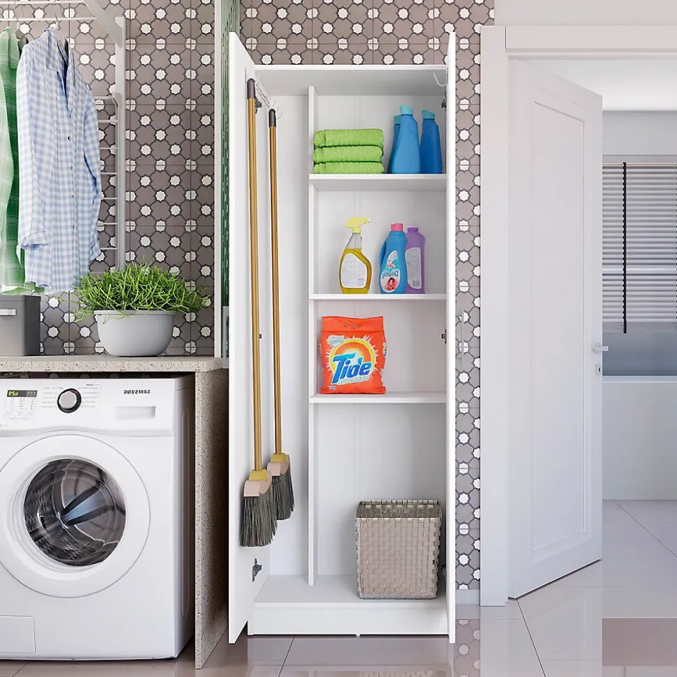 Armoire, placard de rangement avec 2 portes coloris blanc - longueur 61 x profondeur 32 x hauteur 170 cm