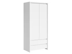 Armoire placard de rangement à deux portes avec 2 tiroirs, coloris Blanc/Blanc Mat - L. 90 x H. 200,5 x P. 55,5 cm