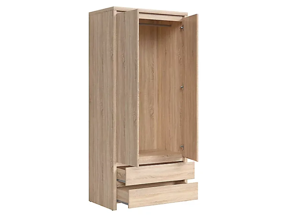 Armoire placard de rangement à deux portes avec 2 tiroirs, coloris chêne Sonoma - Longueur 90 x Hauteur 200,5 x Profondeur 55,5 cm