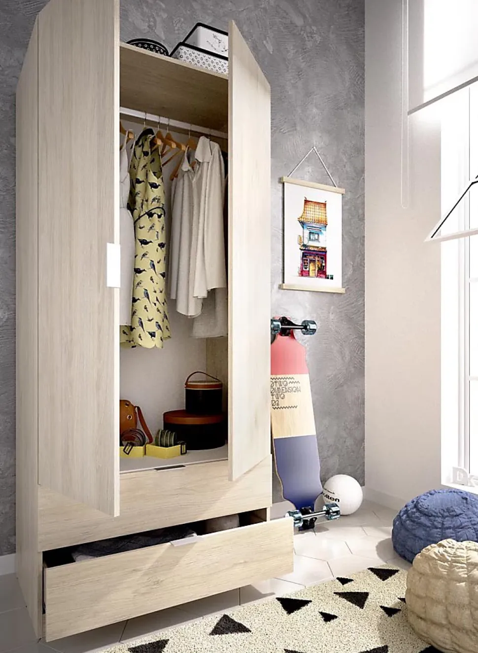Armoire placard meuble de rangement coloris naturel - Longueur 81 x Hauteur 184 x Profondeur 52 cm