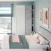 Armoire placard meuble de rangement 2 portes coulissantes en bois coloris blanc mat et gris ciment