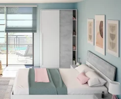 Armoire placard meuble de rangement 2 portes coulissantes en bois coloris blanc mat et gris ciment