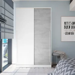 Armoire placard meuble de rangement 2 portes coulissantes en bois coloris blanc mat et gris ciment
